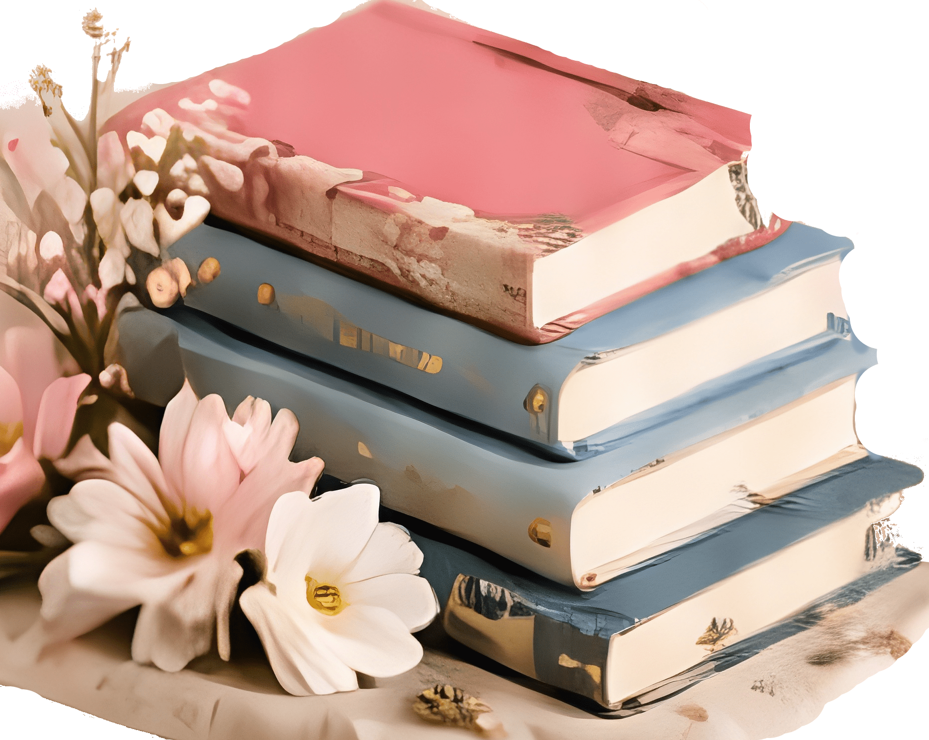 Pila de libros físicos con flores
