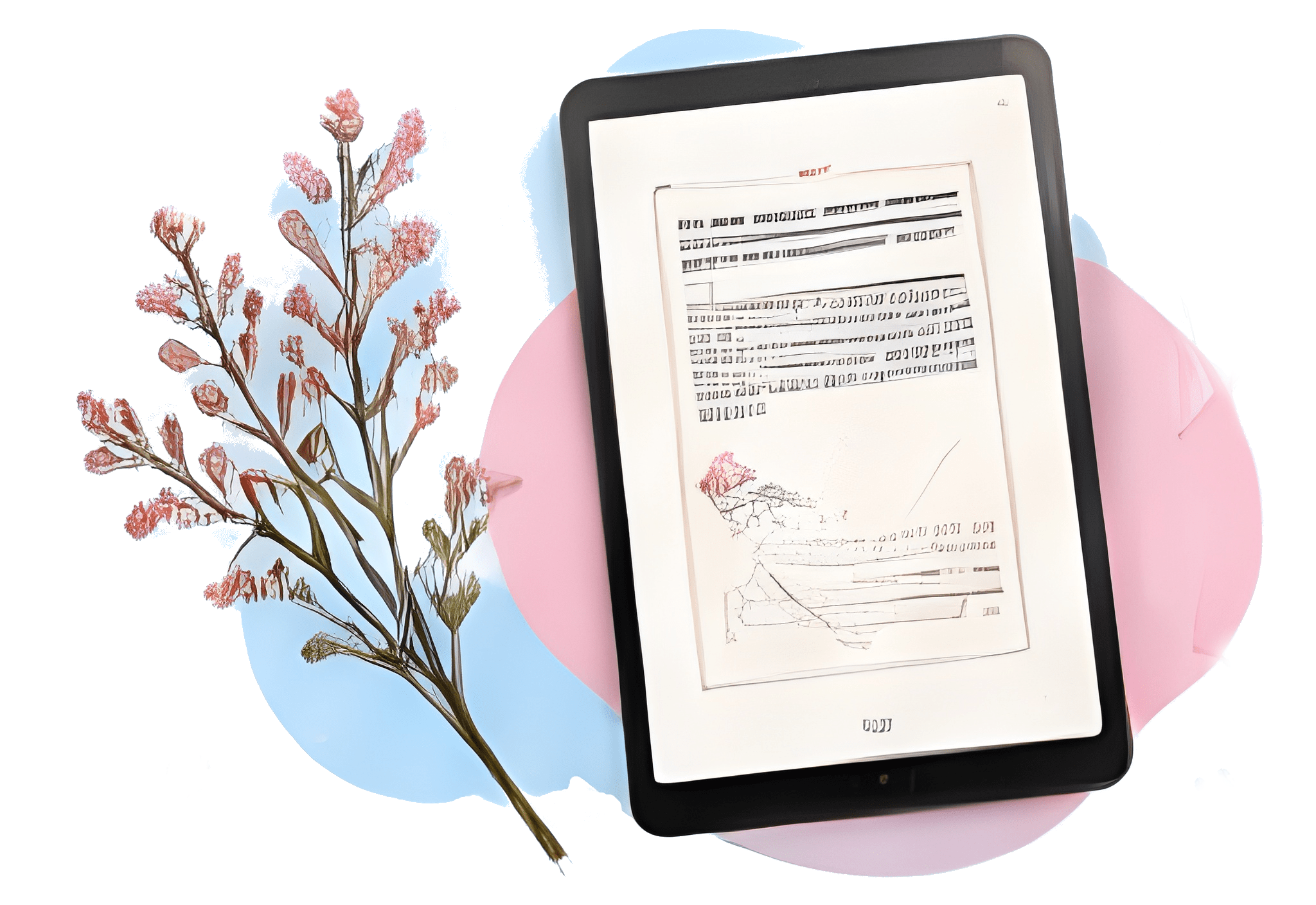 Tablet con libro digital y flores decorativas